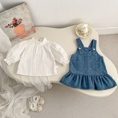 MyKids-USA® Baby Kids Girls Long Sleeves Cute Striped Embroidered Pattern Top and Hearts Pattern Denim Sleeveless Dress Clothing Set