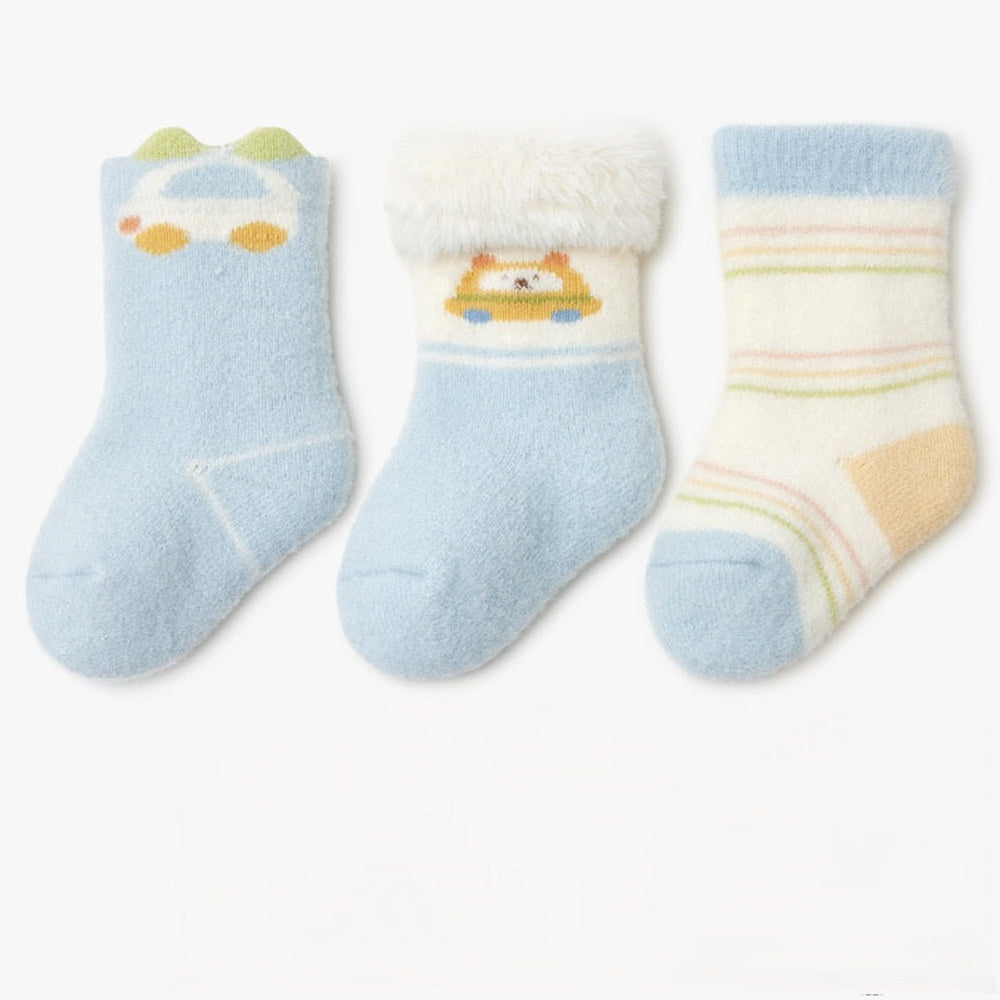 MyKids-USA® Baby Unisex Breathable Cartoon and Striped Pattern Socks 1 Lot=3-Pair Set