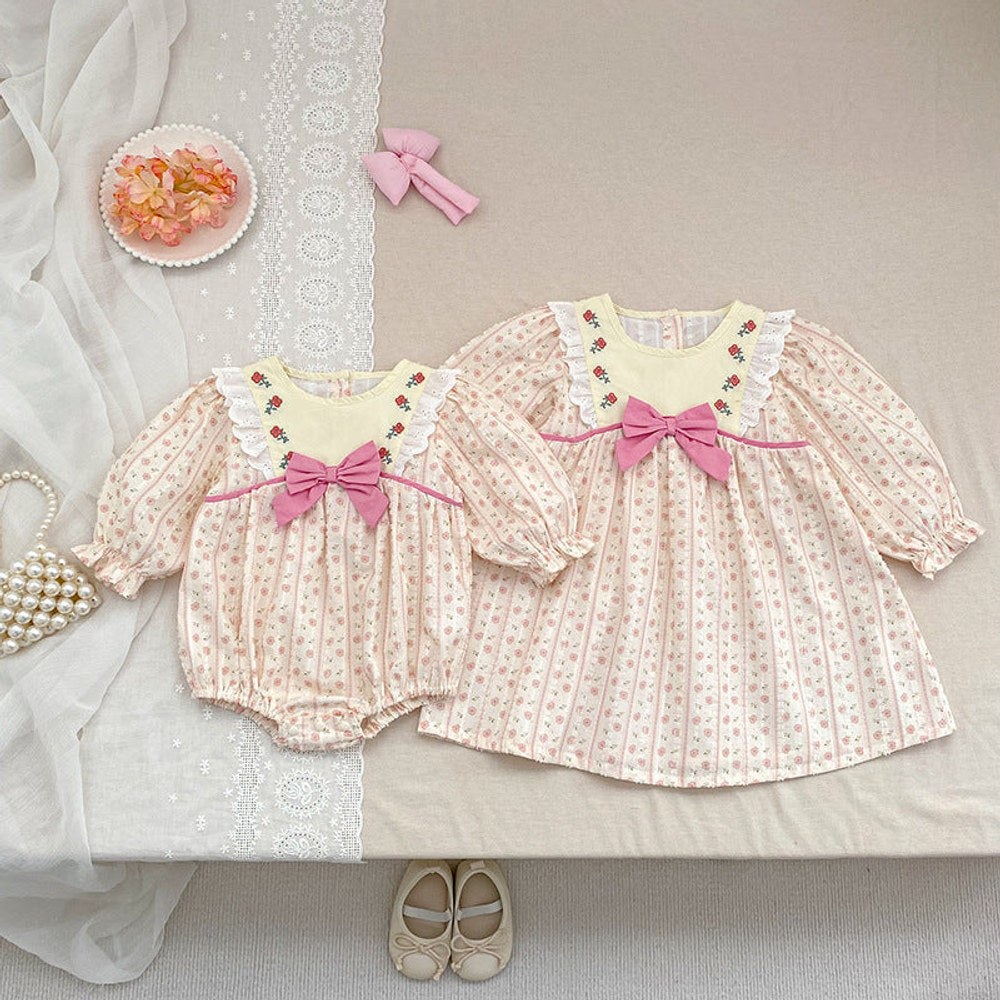 MyKids-USA® Arrival Spring and Autumn Flowers Pattern Baby Kids Girls Onesies and Dress – Princess Sister Matching Set