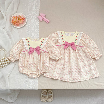 MyKids-USA® Arrival Spring and Autumn Flowers Pattern Baby Kids Girls Onesies and Dress – Princess Sister Matching Set