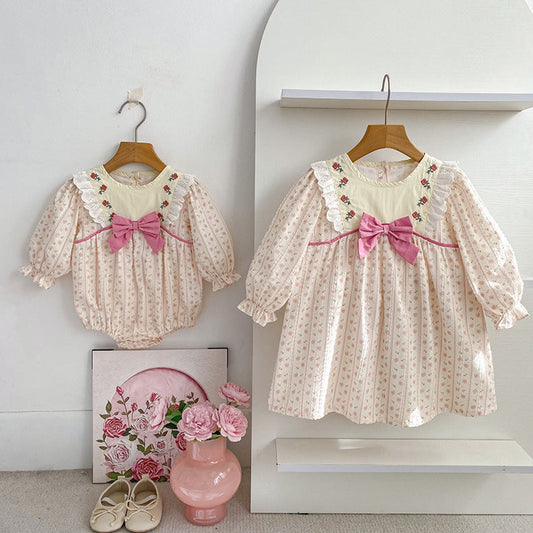 MyKids-USA® Arrival Spring and Autumn Flowers Pattern Baby Kids Girls Onesies and Dress – Princess Sister Matching Set