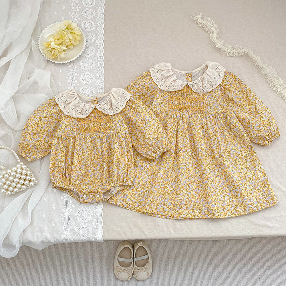 MyKids-USA® Flowers Pattern Baby Kids Girls Onesies and Dress – Princess Sister Matching Set