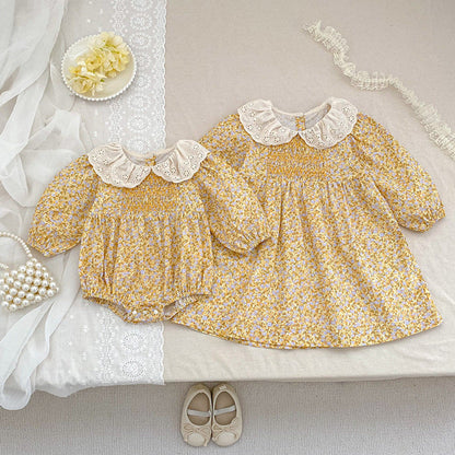 MyKids-USA® Flowers Pattern Baby Kids Girls Onesies and Dress – Princess Sister Matching Set
