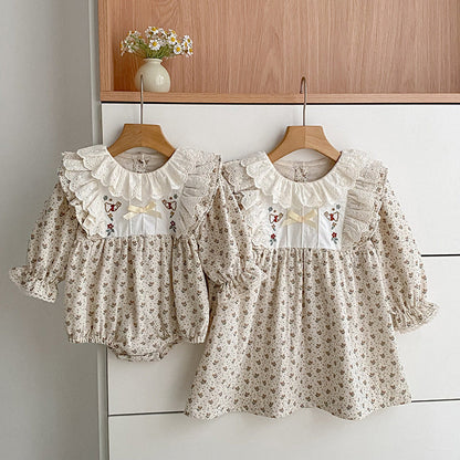 MyKids-USA® Arrival Spring and Autumn Flowers Pattern Baby Kids Girls Onesies and Dress – Princess Sister Matching Set