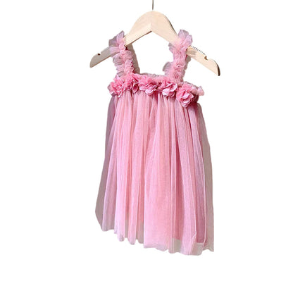 MyKids-USA® Summer Baby Kids Girls Sleeveless 3D Flowers Mesh Strap Dress