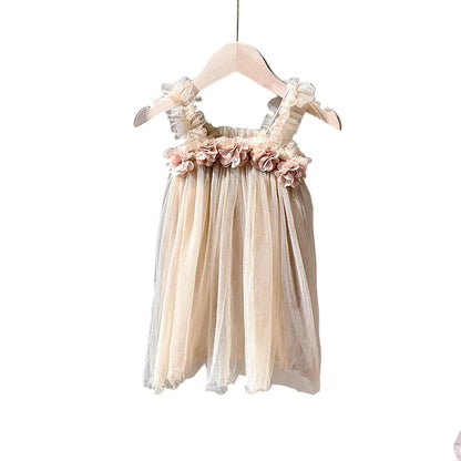 MyKids-USA® Summer Baby Kids Girls Sleeveless 3D Flowers Mesh Strap Dress