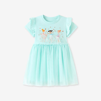 MyKids-USA® Cartoon and Stars Pattern Short Sleeves Dress for Stylish Girls