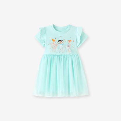 MyKids-USA® Cartoon and Stars Pattern Short Sleeves Dress for Stylish Girls