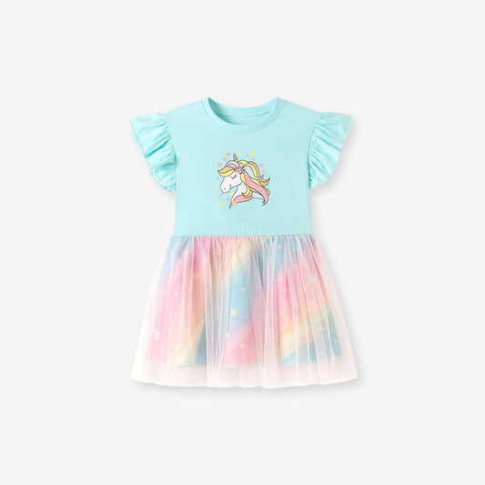 MyKids-USA® Summer Arrival Unicorn and Stars Pattern Fly Sleeves Color Patchwork Dress for Stylish Girls