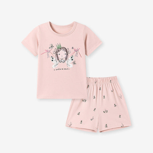 MyKids-USA® Summer Hot Selling Baby Kids Girls Short Sleeves Cartoon Pattern T-shirt and Pink Floral Shorts Clothing Set