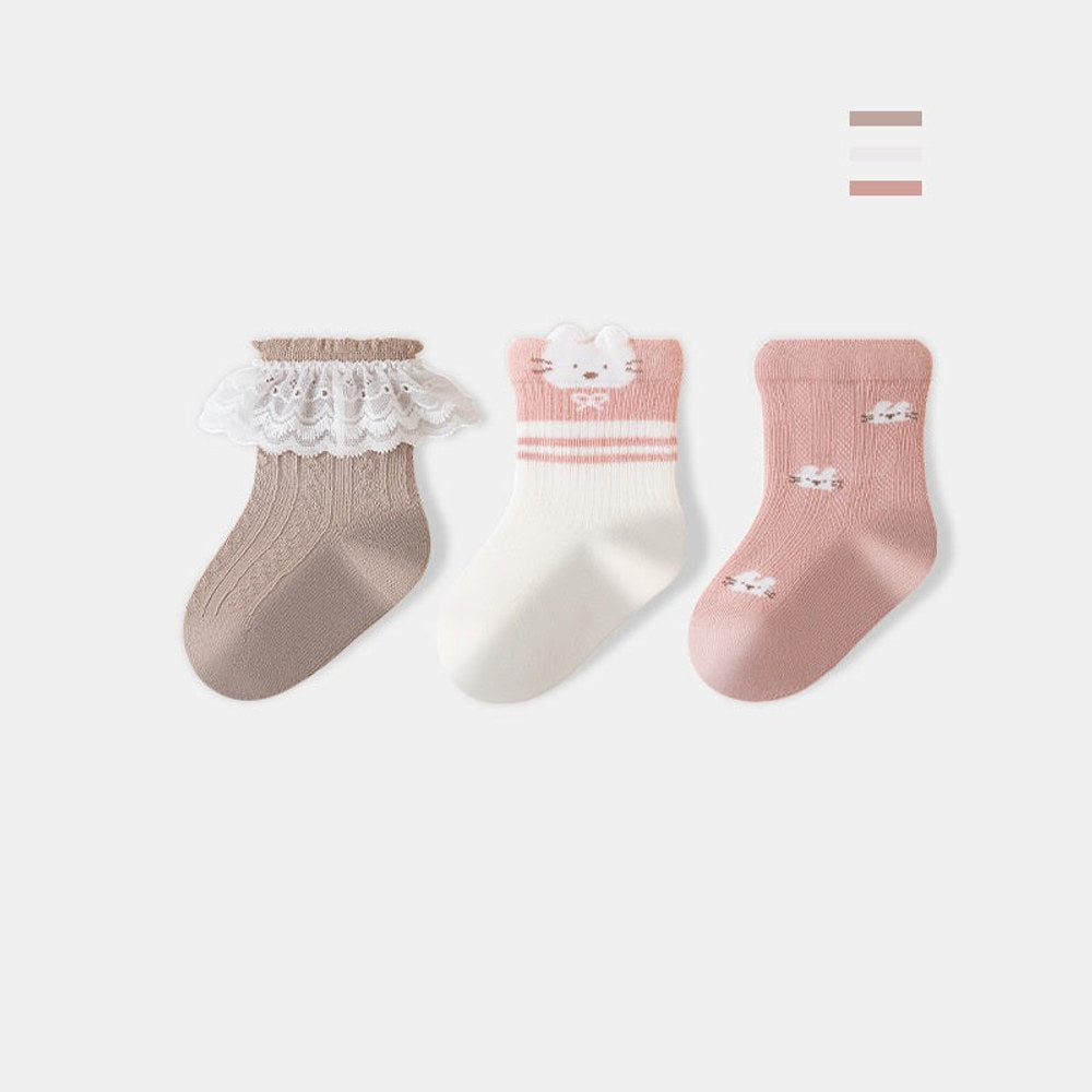 MyKids-USA® Baby Girls Breathable Cartoon Pattern Socks 1 Lot=3-Pair Set