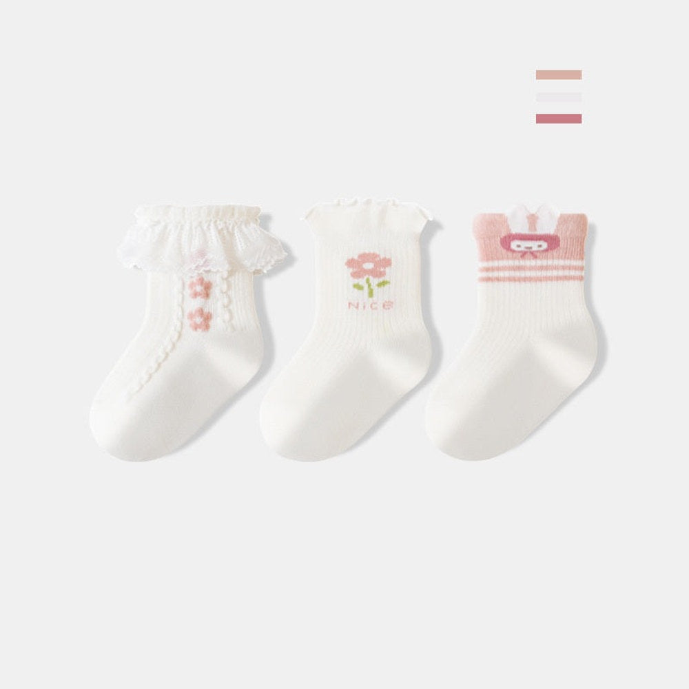 MyKids-USA® Baby Girls Breathable Cartoon Pattern Socks 1 Lot=3-Pair Set