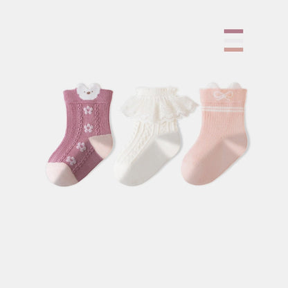 MyKids-USA® Baby Girls Breathable Cartoon Pattern Socks 1 Lot=3-Pair Set