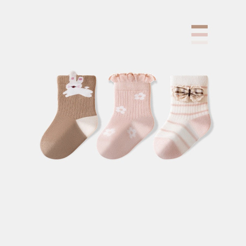 MyKids-USA® Baby Girls Breathable Cartoon Pattern Socks 1 Lot=3-Pair Set
