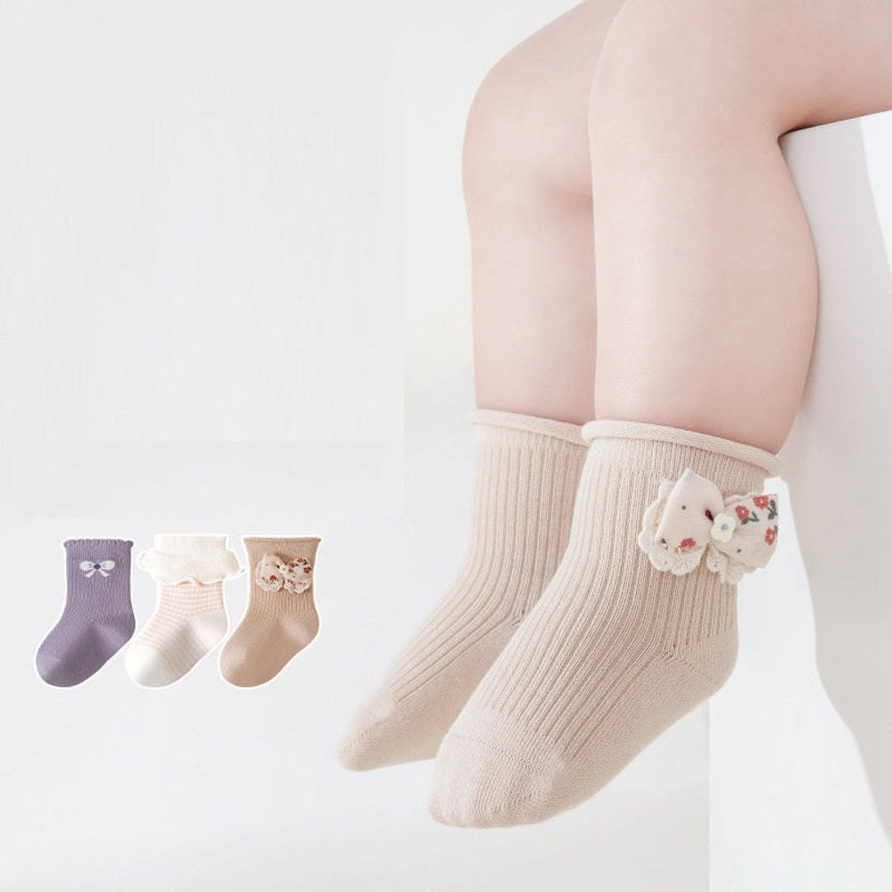 MyKids-USA® Baby Girls Breathable Cartoon Pattern Socks 1 Lot=3-Pair Set