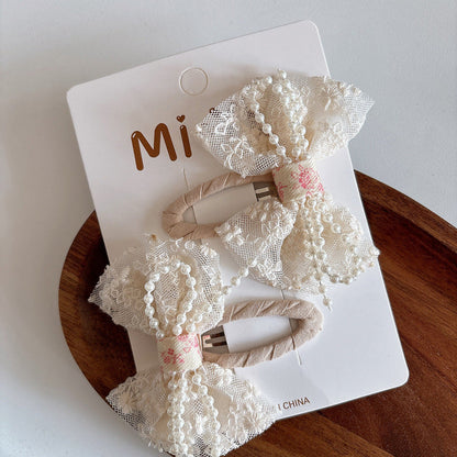 MyKids-USA® Collection of 2 Versatile Cute Lace Embroidered Pattern Hair Clips and Hair Ties