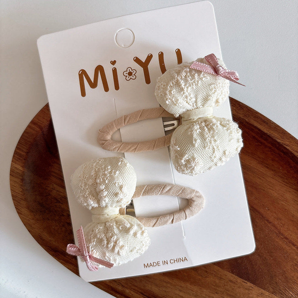 MyKids-USA® Collection of 2 Versatile Cute Lace Embroidered Pattern Hair Clips and Hair Ties