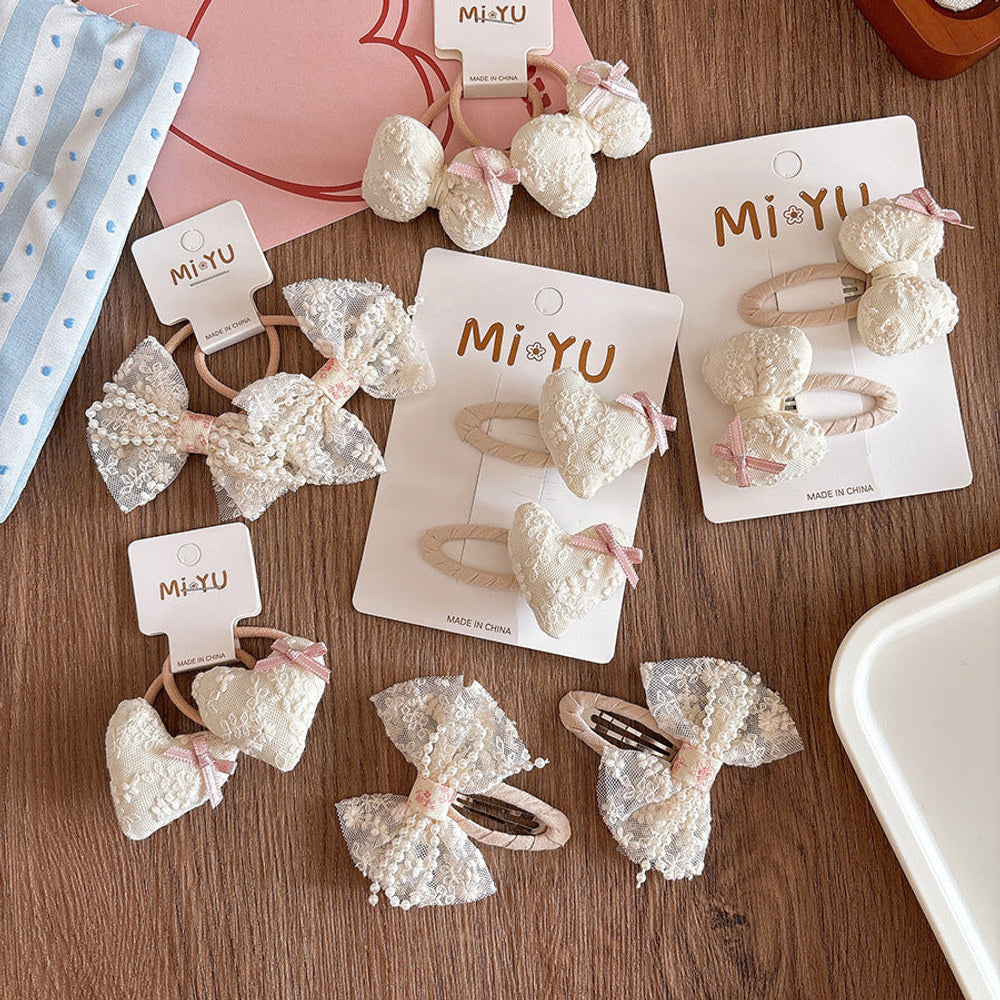 MyKids-USA® Collection of 2 Versatile Cute Lace Embroidered Pattern Hair Clips and Hair Ties