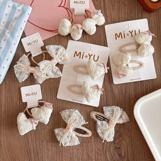 MyKids-USA® Collection of 2 Versatile Cute Lace Embroidered Pattern Hair Clips and Hair Ties