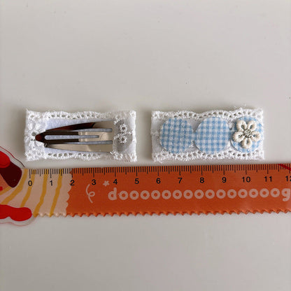 MyKids-USA® Collection of 2 Versatile Cute Lace Embroidered and Plaid Pattern Hair Clips and Hair Ties