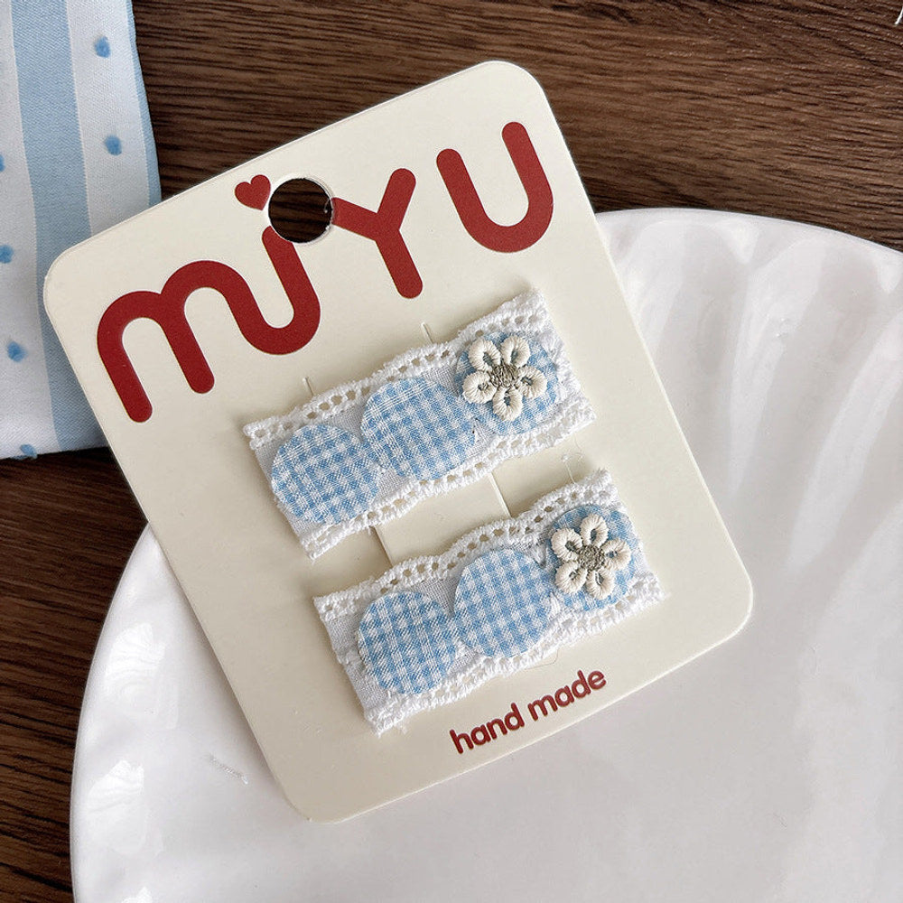 MyKids-USA® Collection of 2 Versatile Cute Lace Embroidered and Plaid Pattern Hair Clips and Hair Ties