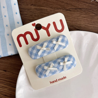 MyKids-USA® Collection of 2 Versatile Cute Lace Embroidered and Plaid Pattern Hair Clips and Hair Ties