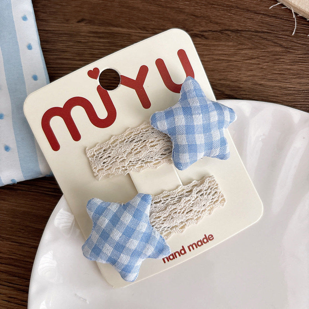 MyKids-USA® Collection of 2 Versatile Cute Lace Embroidered and Plaid Pattern Hair Clips and Hair Ties