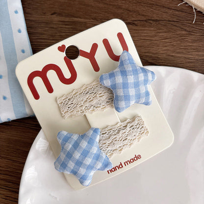 MyKids-USA® Collection of 2 Versatile Cute Lace Embroidered and Plaid Pattern Hair Clips and Hair Ties