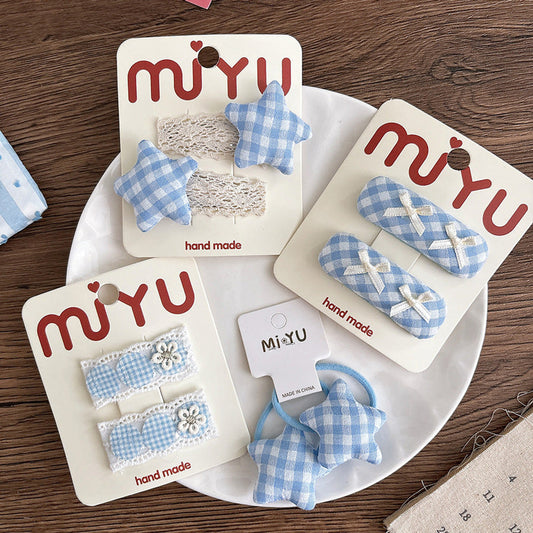 MyKids-USA® Collection of 2 Versatile Cute Lace Embroidered and Plaid Pattern Hair Clips and Hair Ties