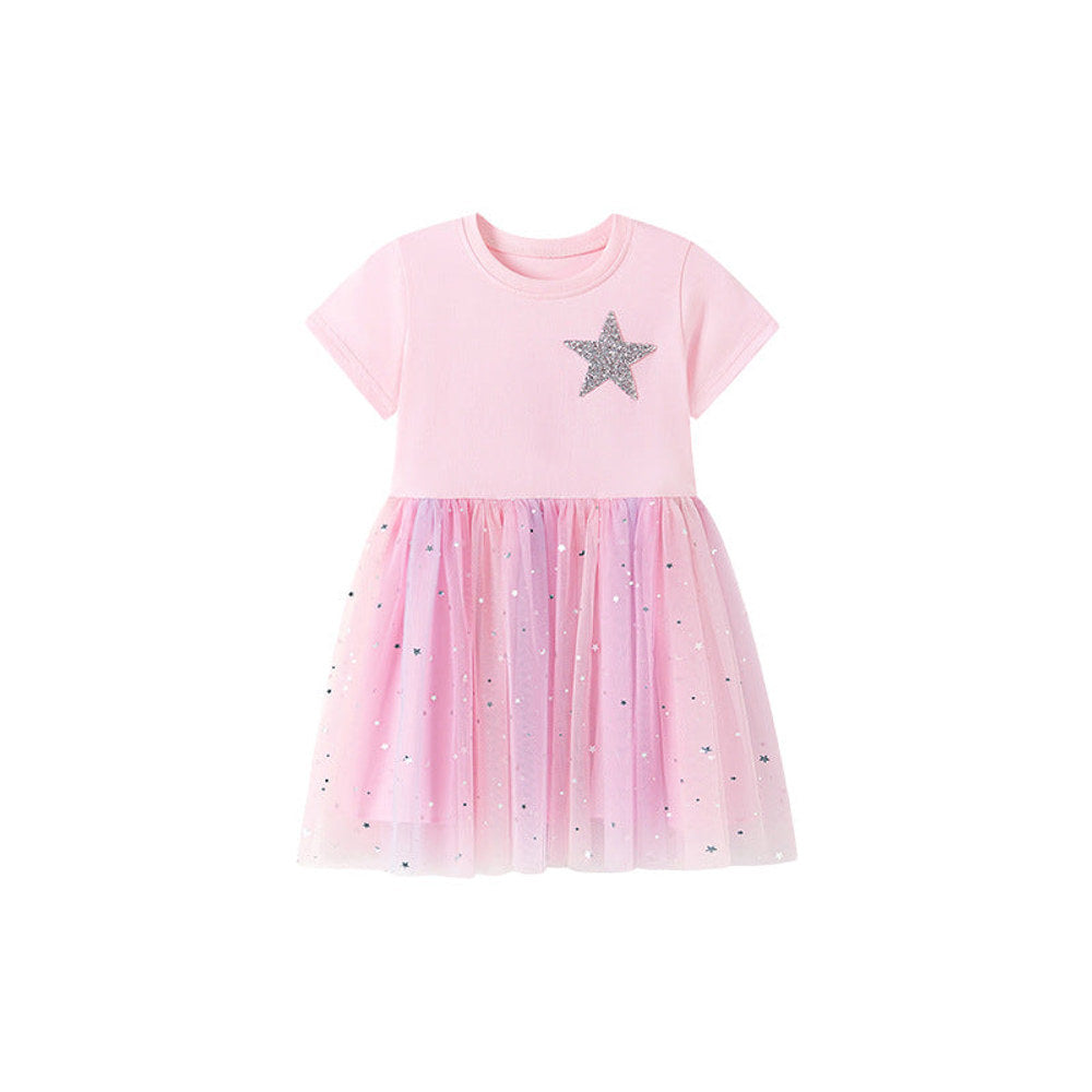 MyKids-USA® Stars Pattern Short Sleeves Tulle Patchwork Dress for Stylish Girls