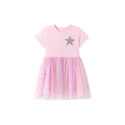 MyKids-USA® Stars Pattern Short Sleeves Tulle Patchwork Dress for Stylish Girls