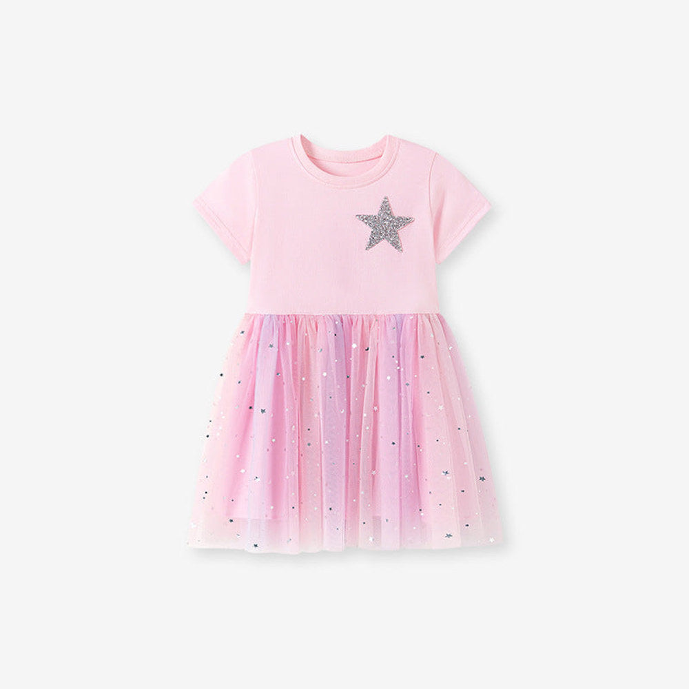 MyKids-USA® Stars Pattern Short Sleeves Tulle Patchwork Dress for Stylish Girls