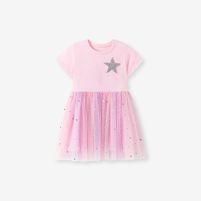 MyKids-USA® Stars Pattern Short Sleeves Tulle Patchwork Dress for Stylish Girls