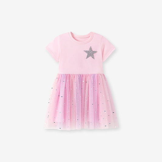 MyKids-USA® Summer Arrival Stars Pattern Short Sleeves Tulle Patchwork Dress for Stylish Girls