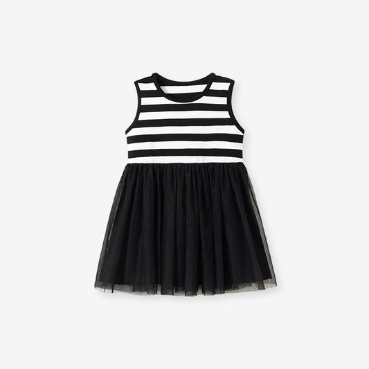 MyKids-USA® Summer Arrival Striped Pattern Sleeveless Tulle Patchwork Dress for Stylish Girls