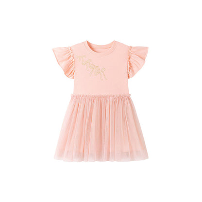 MyKids-USA® Butterfly-bows Pattern Fly Sleeves Tulle Patchwork Dress for Stylish Girls
