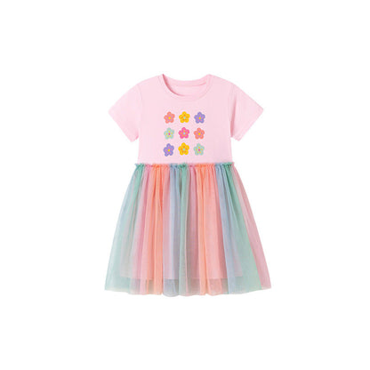 MyKids-USA® Flowers Pattern Fly Sleeves Tulle Patchwork Dress for Stylish Girls