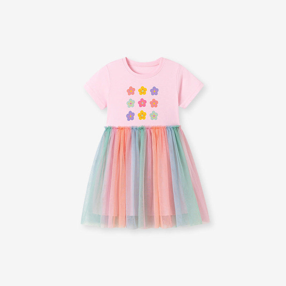 MyKids-USA® Flowers Pattern Fly Sleeves Tulle Patchwork Dress for Stylish Girls