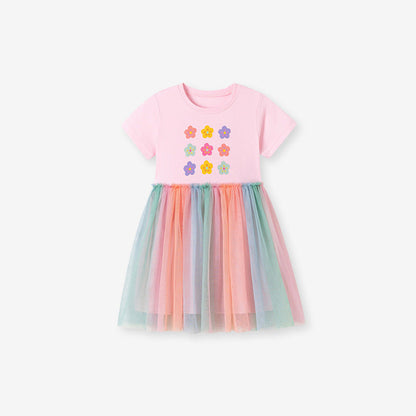 MyKids-USA® Flowers Pattern Fly Sleeves Tulle Patchwork Dress for Stylish Girls