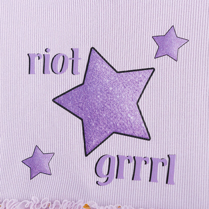 MyKids-USA® Stars and Letters Pattern Short Sleeves Tulle Patchwork Dress for Stylish Girls