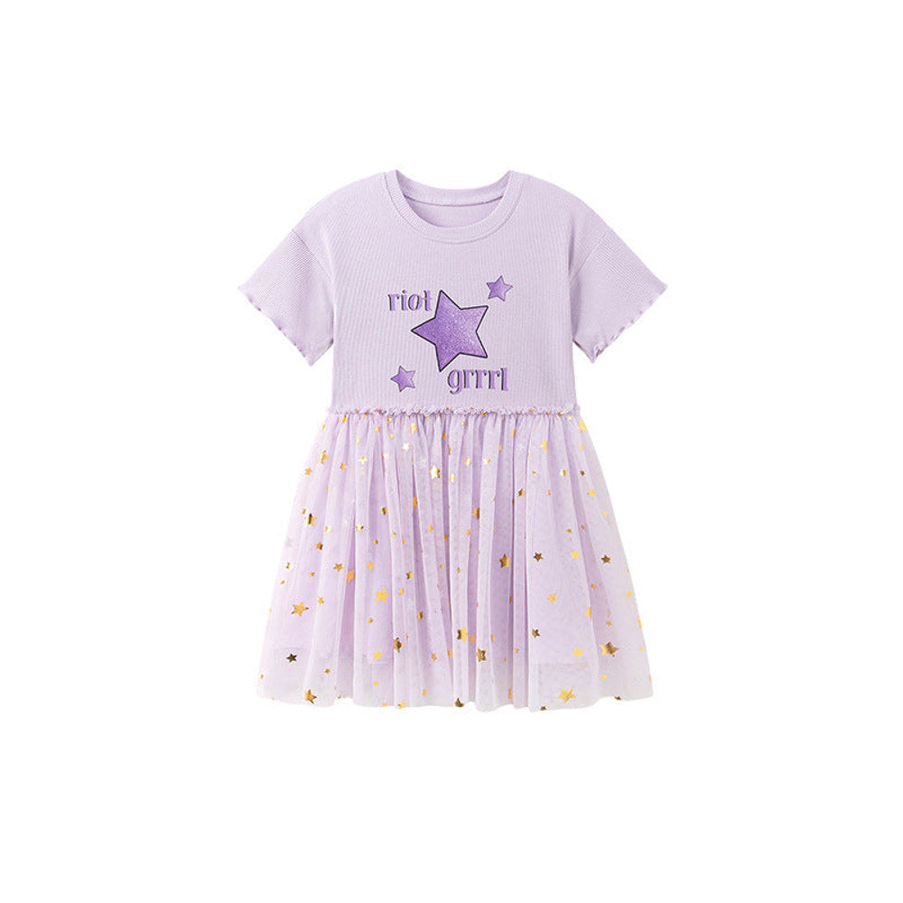 MyKids-USA® Stars and Letters Pattern Short Sleeves Tulle Patchwork Dress for Stylish Girls