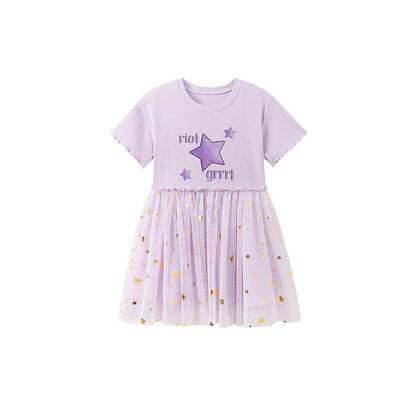 MyKids-USA® Stars and Letters Pattern Short Sleeves Tulle Patchwork Dress for Stylish Girls