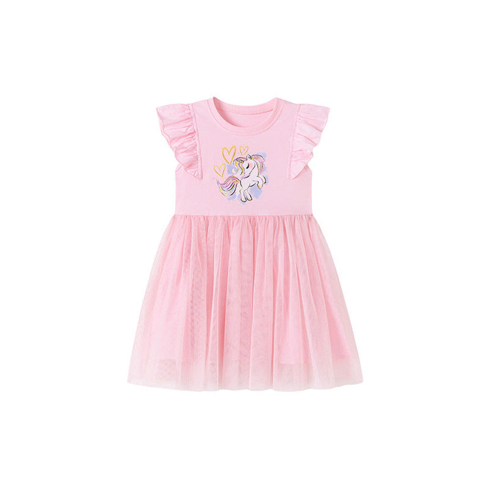 MyKids-USA® Unicorn and Stars Cartoon Pattern Fly Sleeves Tulle Patchwork Dress for Stylish Girls