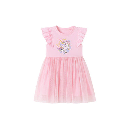 MyKids-USA® Unicorn and Stars Cartoon Pattern Fly Sleeves Tulle Patchwork Dress for Stylish Girls