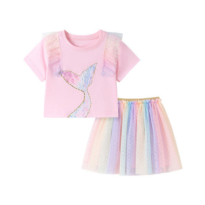 MyKids-USA® Summer Hot Selling Baby Kids Girls Short Sleeves Mermaid Pattern T-shirt and Colorful Skirt Clothing Set