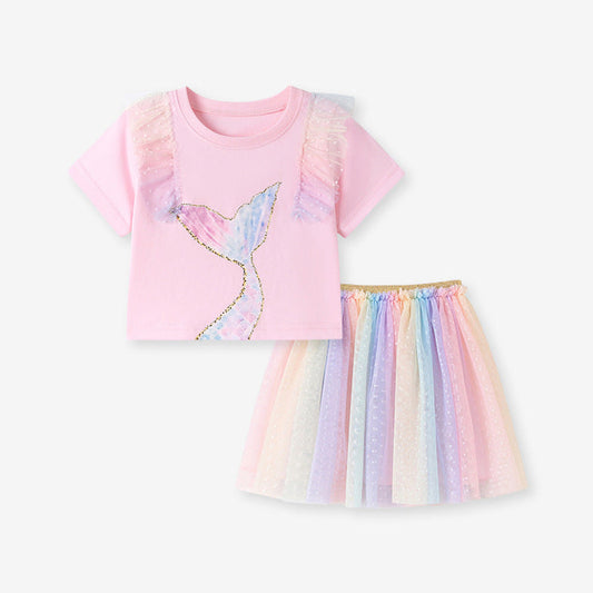 MyKids-USA® Summer Hot Selling Baby Kids Girls Short Sleeves Mermaid Pattern T-shirt and Colorful Skirt Clothing Set