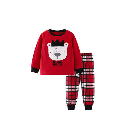 MyKids-USA® Spring and Autumn Girls Cartoon Teddy Bear Pattern Long Sleeves Pullover and Plaid Pants Clothing Set
