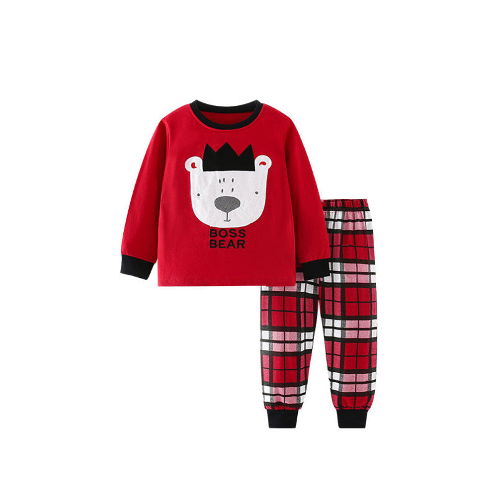 MyKids-USA® Spring and Autumn Girls Cartoon Teddy Bear Pattern Long Sleeves Pullover and Plaid Pants Clothing Set