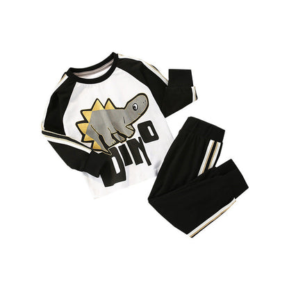 MyKids-USA® Spring and Autumn Boys Cartoon Dinosaur Pattern Long Sleeves Pullover and Striped Pants Clothing Set