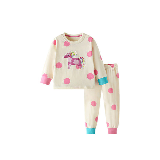 MyKids-USA® Spring and Autumn Girls Cartoon Unicorn Pattern Long Sleeves Top and Pants Color Patchwork Clothing Set